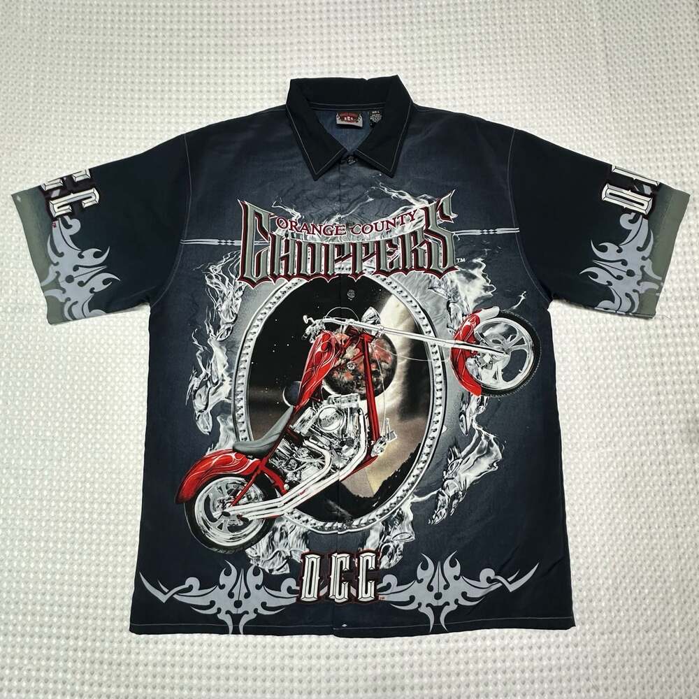 Vintage 2004 Orange County Choppers OCC Motorcycle Print Button Shirt Size L
